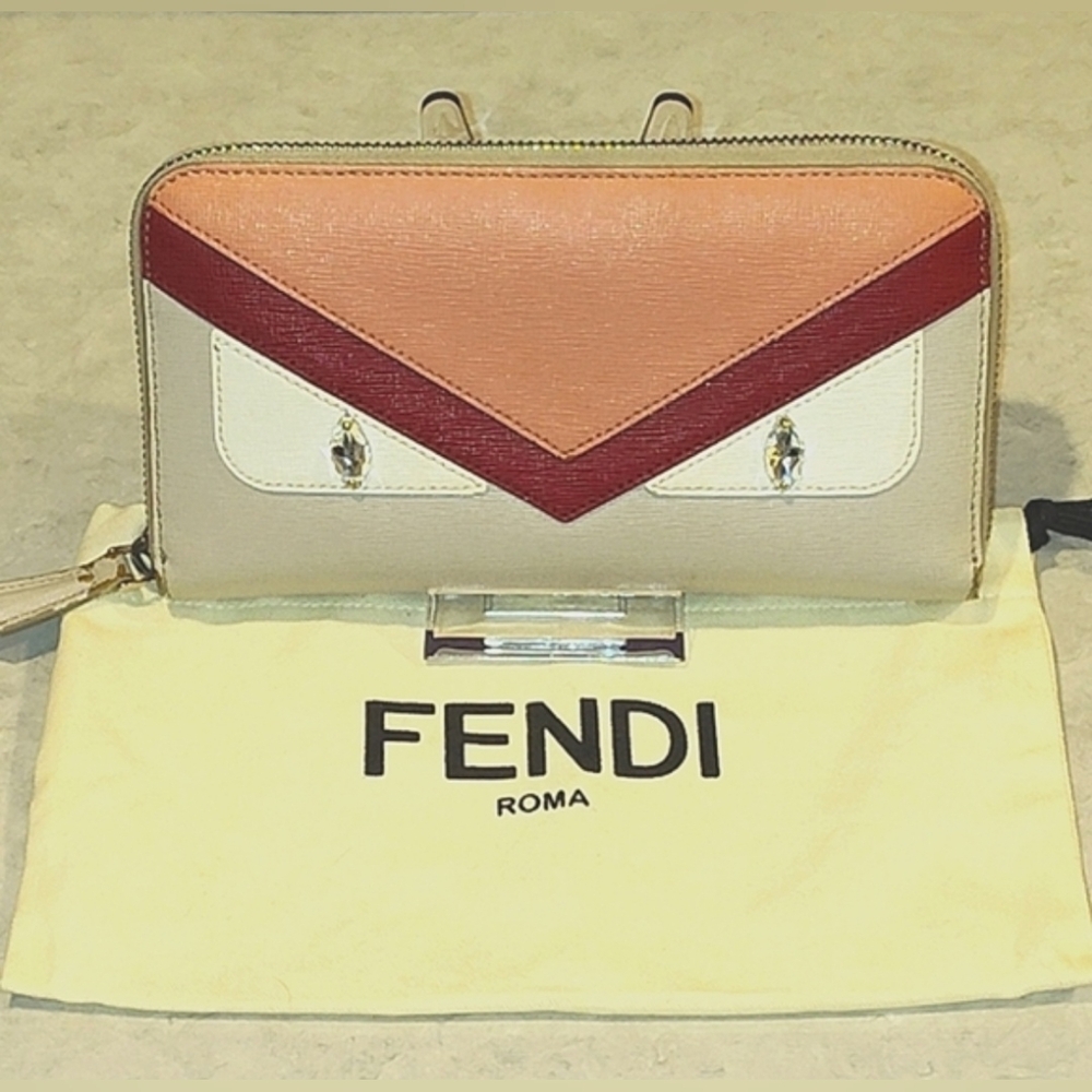 FENDI VITELLO ELITE CRYSTAL EYE COLORBLOCK MONSTER ZIPPY LONG WALLET & DUSTBAG